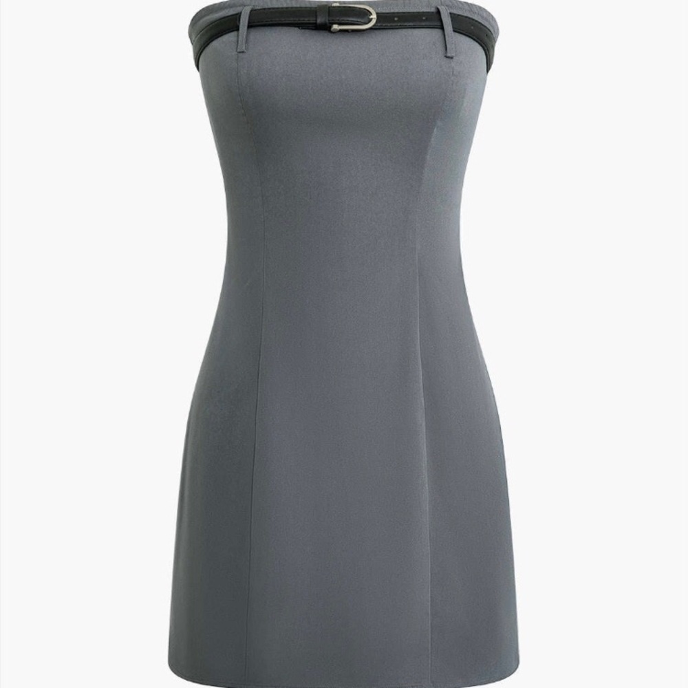 Strapless Gray Mini Dress with Belt Worn Across Chest, Size Medium